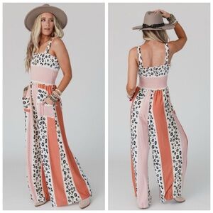 Bucketlist Pink Animal Print Smocked Bodice Stretch Jumpsuit Wide Leg Sz S
